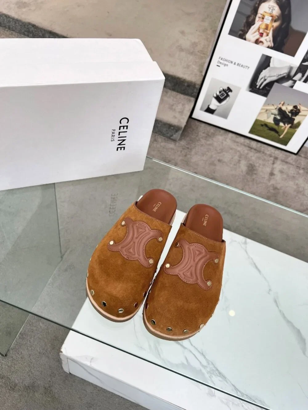 CELINE Calfskin Leather Triomphe Embossed Mules Slides Slippers - Picture 2 of 8